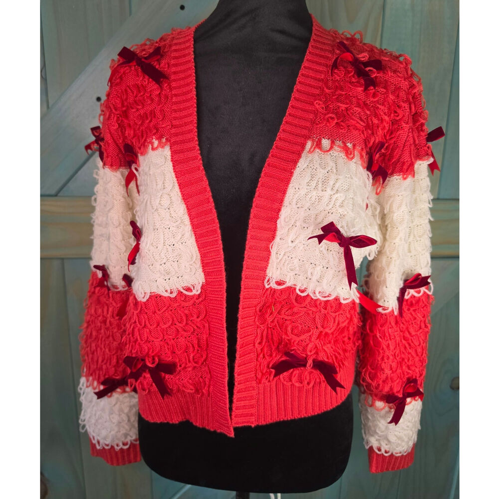 Red and Cream Striped Cardigan Velvet Bows Fuzzy 3D Looped Knit Festive Dopamine